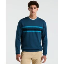Original Penguin Fleece Chest Stripe Crew Neck Sweater In Blue Wing Teal(Fleece Chest Stripe Crew Neck Sweater Blue Ocks2500gp 415)