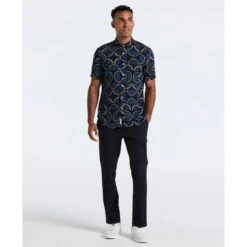 Original Penguin Fan Print Short Sleeve Shirt In Dark Sapphire(Fan Print Short Sleeve Shirt Blue Ocwf2519gp 413) -Original Penguin Shop OCWF2519 413 alt3