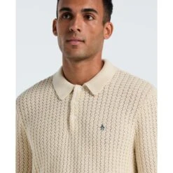 Original Penguin Zigzag Stitch Long Sleeve Sweater Polo In Birch(Zigzag Stitch Long Sleeve Sweater Polo Beige Opgf2502gp 252) -Original Penguin Shop OPGF2502 252 alt2