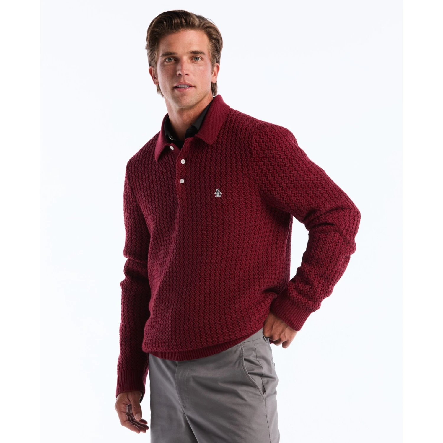 Original Penguin Zigzag Stitch Long Sleeve Sweater Polo In Cabernet(Zigzag Stitch Long Sleeve Sweater Polo Red Opgf2502gp 605) 3 Original Penguin Zigzag Stitch Long Sleeve Sweater Polo In Cabernet(Zigzag Stitch Long Sleeve Sweater Polo Red Opgf2502gp 605)