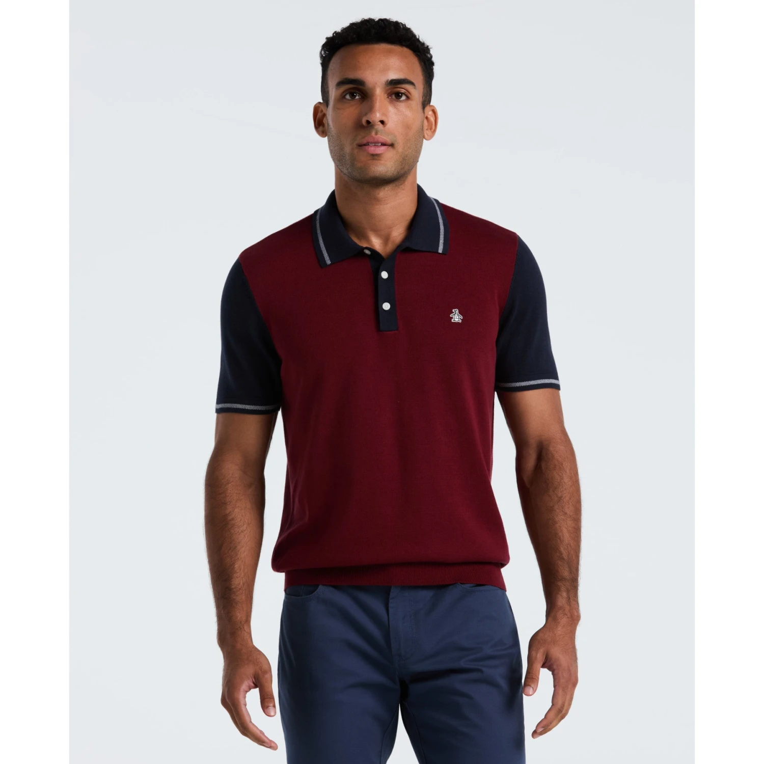 Original Penguin Colourblock Sweater Polo In Cabernet(Colourblock Sweater Polo Red Opgf2503gp 605) 3 Original Penguin Colourblock Sweater Polo In Cabernet(Colourblock Sweater Polo Red Opgf2503gp 605)