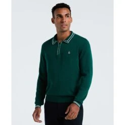 Original Penguin Tipped Quarter Zip Long Sleeve Sweater Polo In Botanical Green Heather(Tipped Quarter Zip Long Sleeve Sweater Polo Green Opgf2510gp 394)