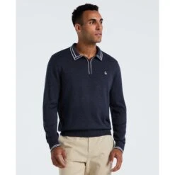 Original Penguin Tipped Quarter Zip Long Sleeve Sweater Polo In Dark Sapphire Heather(Tipped Quarter Zip Long Sleeve Sweater Polo Blue Opgf2510gp 478)
