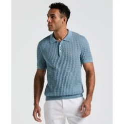 Original Penguin Drop Needle Textured Sweater Polo In Citadel(Drop Needle Textured Sweater Polo Blue Opgm2502gp 499)