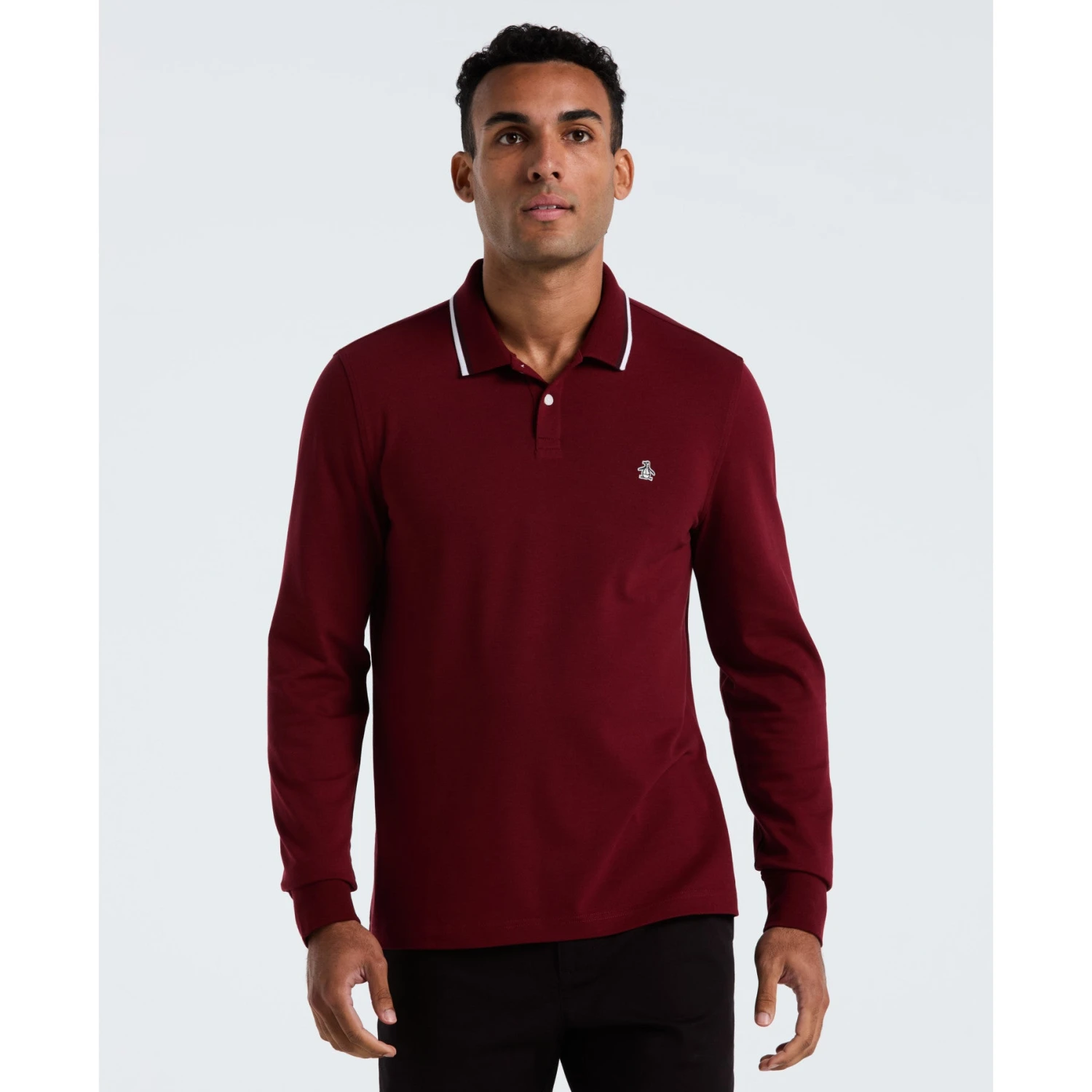 Original Penguin Sticker Pete Tipped Long Sleeve Polo Shirt In Cabernet(Sticker Pete Tipped Long Sleeve Polo Shirt Red Opkf2522gp 605) 3 Original Penguin Sticker Pete Tipped Long Sleeve Polo Shirt In Cabernet(Sticker Pete Tipped Long Sleeve Polo Shirt Red Opkf2522gp 605)