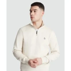 Original Penguin Fleece Quarter Zip Sweatshirt In Birch(Long Sleeve Fleece Quarter Zip Jumper Beige Opks5713gp 252) -Original Penguin Shop OPKS5713 252 alt2