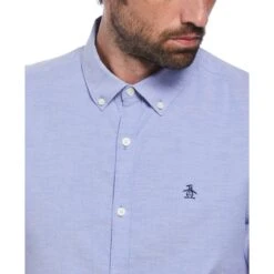 Original Penguin Oxford Stretch Short Sleeve Shirt In Amparo Blue(Ecovero Oxford Stretch Shirt Blue Opwb0037gp 424) -Original Penguin Shop hubg6jqggsbc9wykfbdx