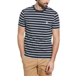 Original Penguin Breton Striped T-Shirt In Dark Sapphire(Sticker Pete Breton T Shirt Blue Opks3720gp 413)