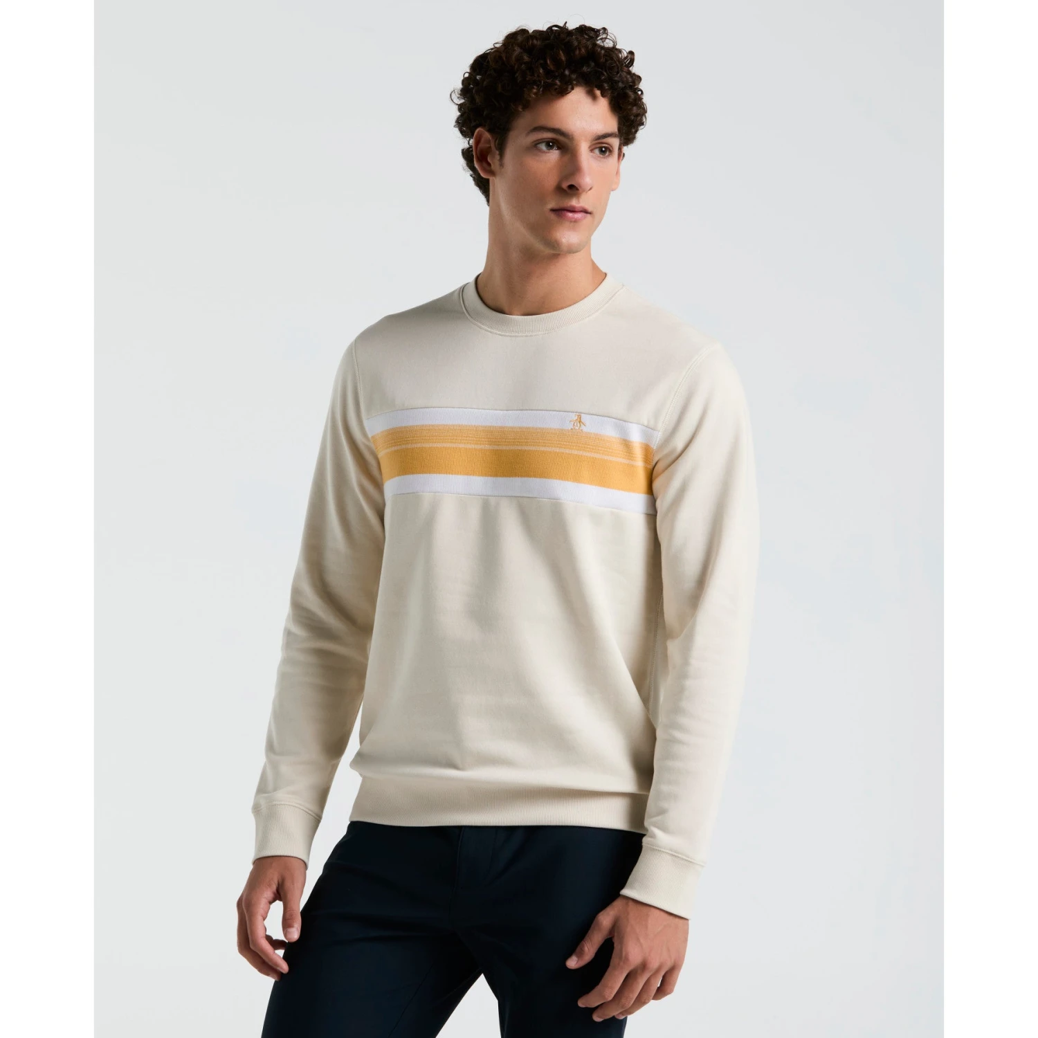 Original Penguin Fleece Chest Stripe Crew Neck Sweatshirt In Birch(Fleece Chest Stripe Crew Neck Sweater Beige Ocks2500gp 252) 3 Original Penguin Fleece Chest Stripe Crew Neck Sweatshirt In Birch(Fleece Chest Stripe Crew Neck Sweater Beige Ocks2500gp 252)