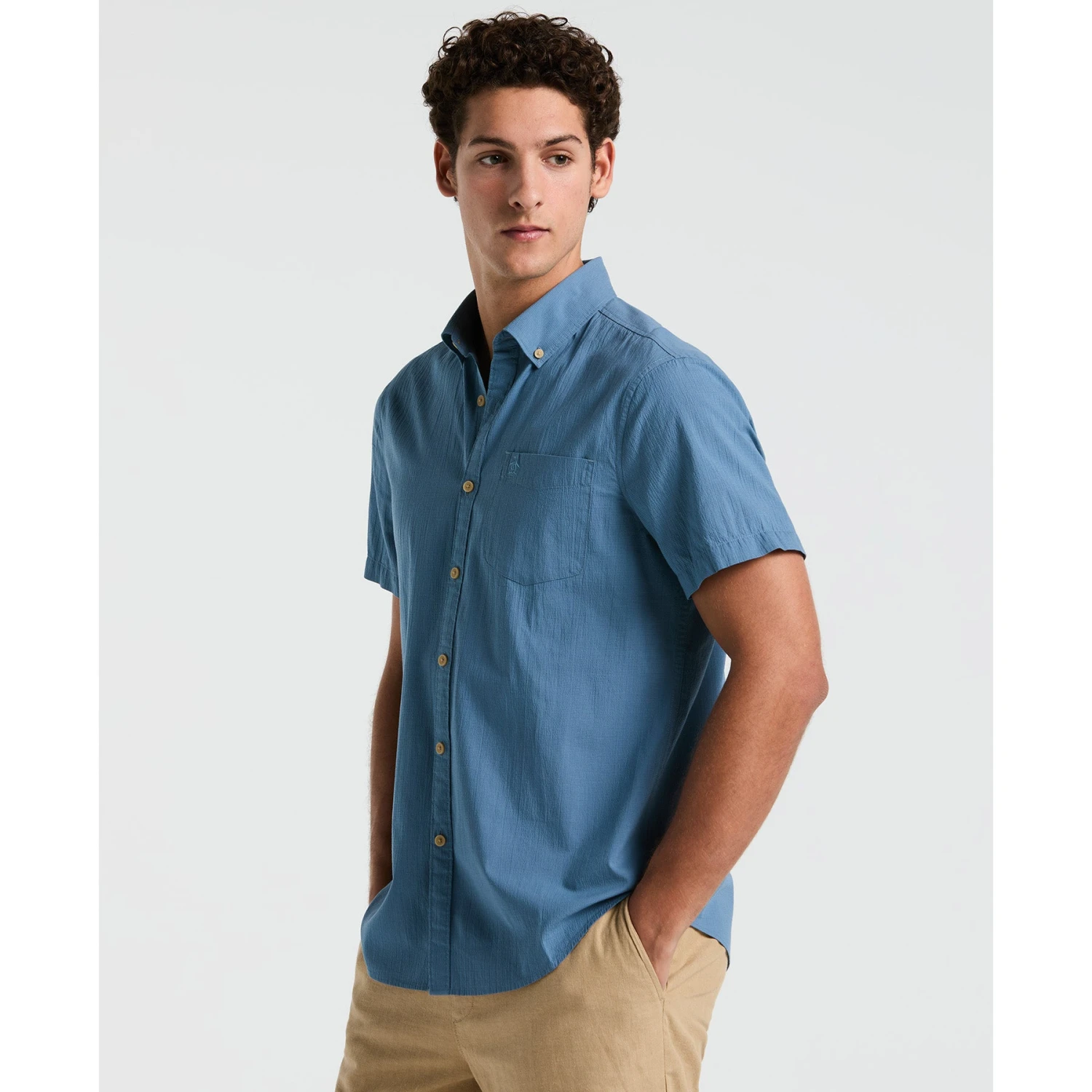 Original Penguin Seersucker Short Sleeve Shirt In Copen Blue(Seersucker Short Sleeve Shirt Blue Opwm2409gp 443) 3 Original Penguin Seersucker Short Sleeve Shirt In Copen Blue(Seersucker Short Sleeve Shirt Blue Opwm2409gp 443)